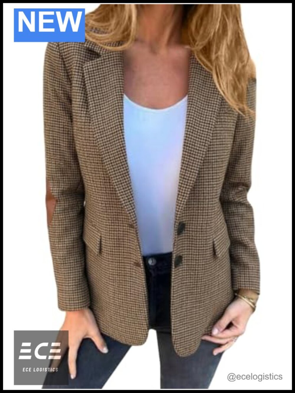 Tweed Blazer Houndstooth Plaid Full Lining Pockets Business Work